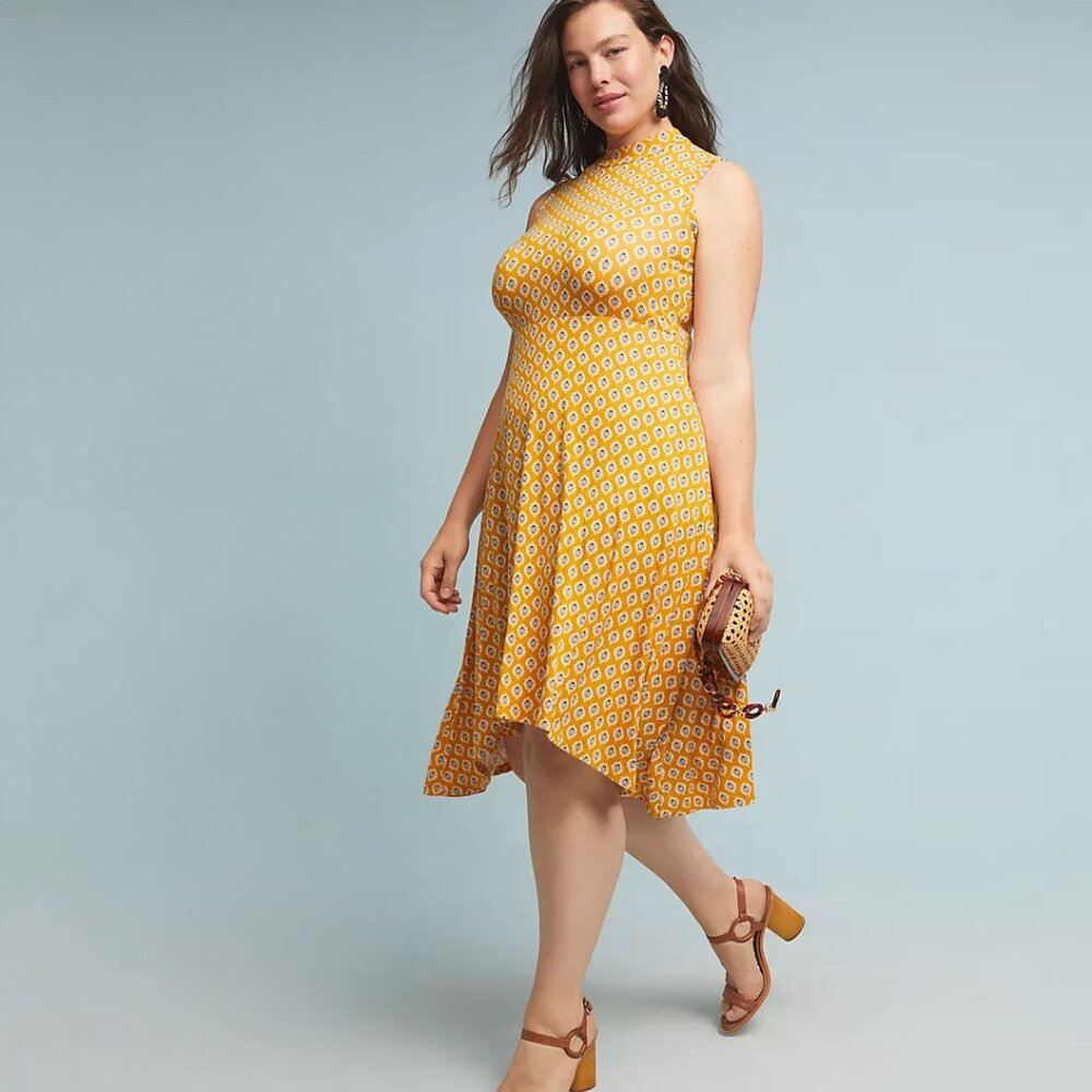 Anthropologie Maeve Palais Swing Dress in Yellow Motif - sz Large